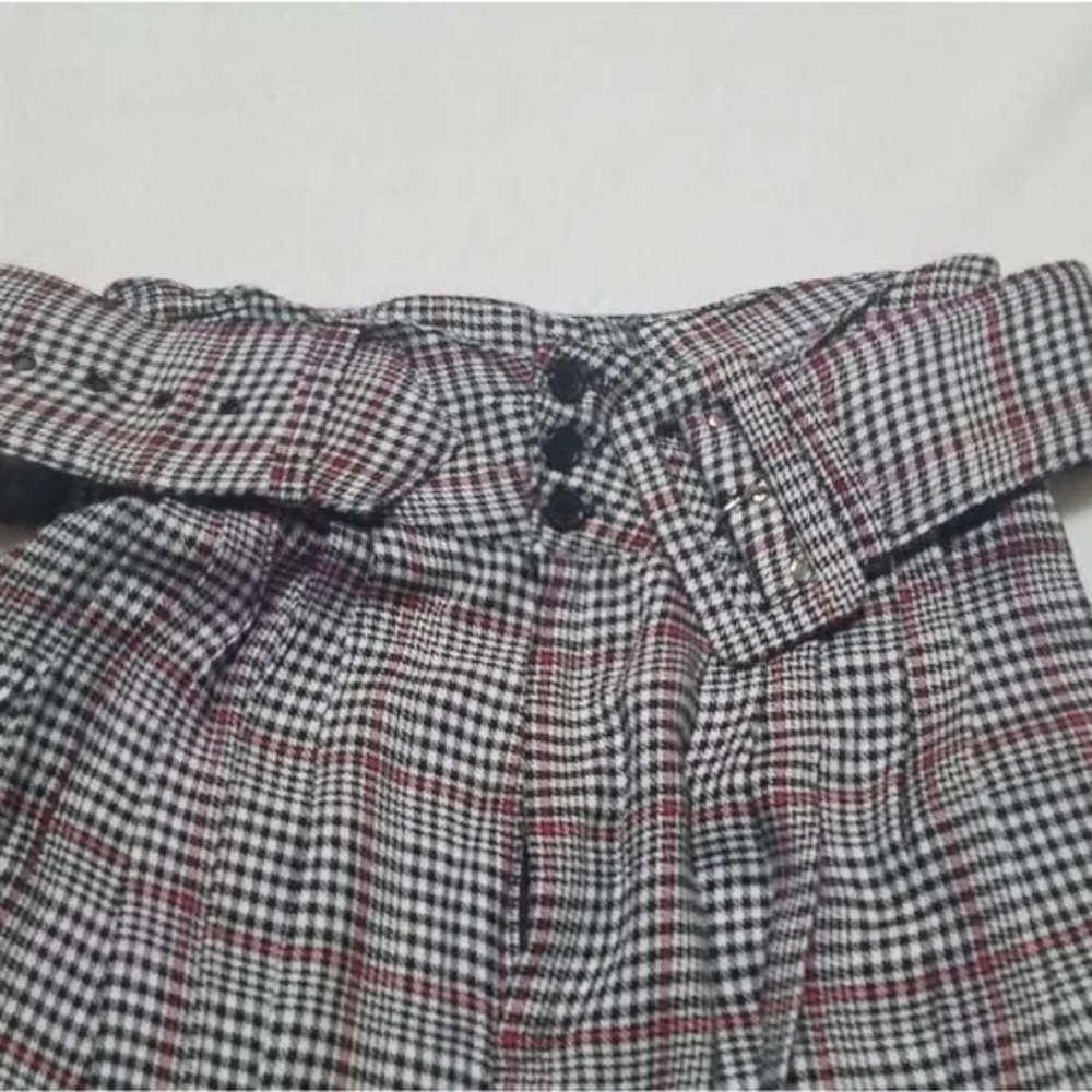 Vintage 70s Black Lavallière Top Red Plaid Extra High Rise Belted Culotte Set 8 - Picture 8 of 16